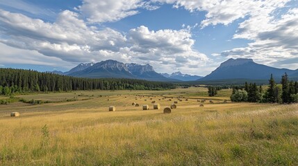 Obraz premium A serene landscape featuring golden fields, hay bales, and mountains under a blue sky.