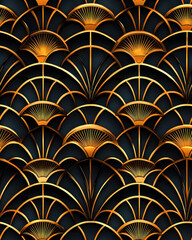 Geometric art deco pattern with gold lines and dark background
