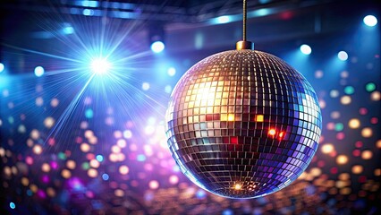 Fototapeta premium glittering metallic disco ball suspended from the ceiling of a dimly lit nightclub, glitter, disco, party, nightlife