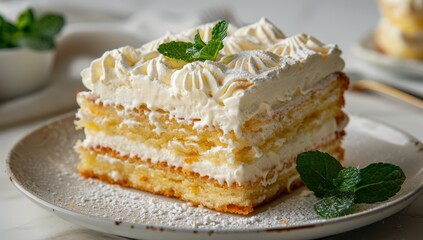 Delicious Layered Cake with Whipped Cream and Mint