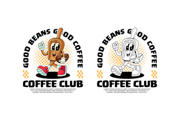 wooden shovel of coffee bean retro cartoon character mascot illustration with walking, holding coffee bean and ok hand for beverage, restaurant, cafe mascot and merchandise