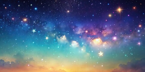 Naklejka premium Starry Night Sky with Pastel Colors, pastel colors, blue, green, starry night, celestial, galaxy, nebula, cosmic, astronomy