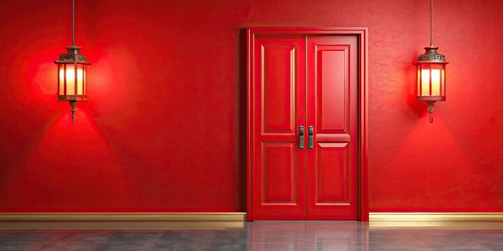 Door with pair of lanterns on red background, red background, lantern, door