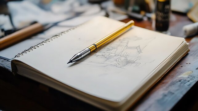 Gold mechanical pencil rests on sketchbook with a drawing