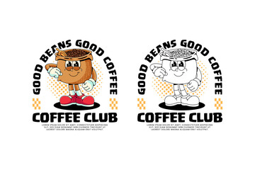 sack of coffee bean and wooden shovel retro cartoon character mascot illustration with standing and self confident pose for beverage, restaurant, cafe mascot and merchandise