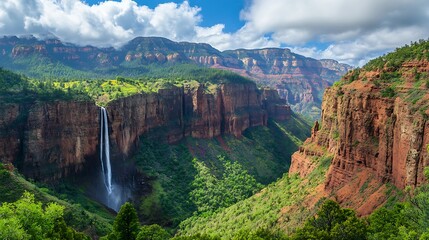 Majestic Waterfall Cascading Down Red Rock Canyon Walls