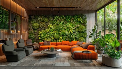 Naklejka premium Modern Living Room with Lush Greenery