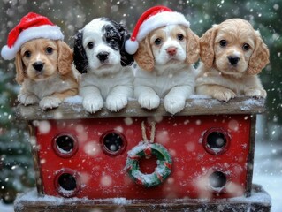 Christmas puppies in Santa hats, group of festive dogs in winter sleigh, cute holiday pets