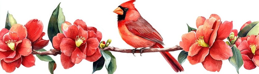 A vibrant cardinal perched on a branch surrounded by blooming red flowers, showcasing a beautiful harmony of nature's colors.