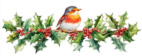 A charming robin perched on holly branches adorned with bright red berries, perfect for holiday themes and seasonal decorations.