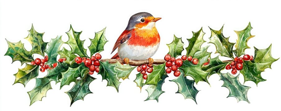 A charming robin perched on holly branches adorned with bright red berries, perfect for holiday themes and seasonal decorations.