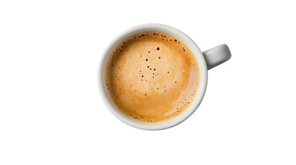 Top view of a frothy coffee cup with a smiling foam design, isolated on a white background suitable for caf?branding and feel-good visuals.