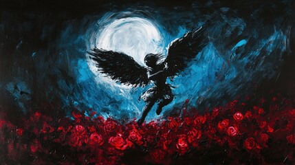 Obraz premium Cupid in a magical rose field, acrylic paint glowing against a dark background with ample room for your text.