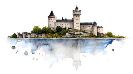 Fototapeta premium Watercolor Castle on a Hill with Reflection in Calm Water, Surrounded by Small Village Homes, Trees, and Rocks, Featuring Artistic Splashes of Blue and White for a Dreamlike Effect