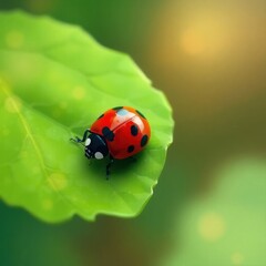Fototapeta premium A close-up of a vibrant ladybug resting on a green leaf.