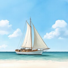 Fototapeta premium Classic Sailboat on Calm Ocean Waters Under a Sunny Sky