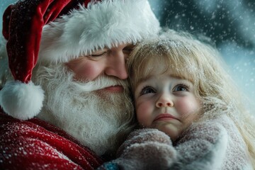 Obraz premium Xmas ad concept design idea illustration for magazine ad and internet marketing use. Cheerful christmas, Ñute child girl weeping with santa claus. Toddler baby santa claus. Xmas ad campaigns.