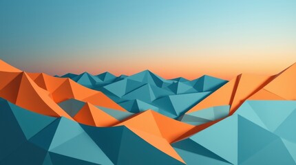 A colorful geometric landscape featuring orange and blue triangular shapes under a gradient sky.