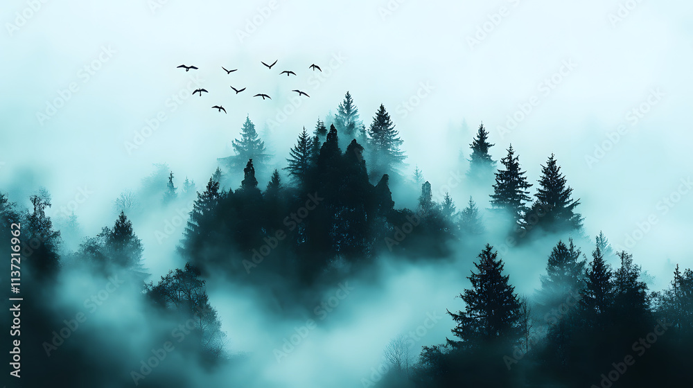 Poster a misty forest landscape with towering trees, shrouded in fog, and a flock of birds flying overhead,