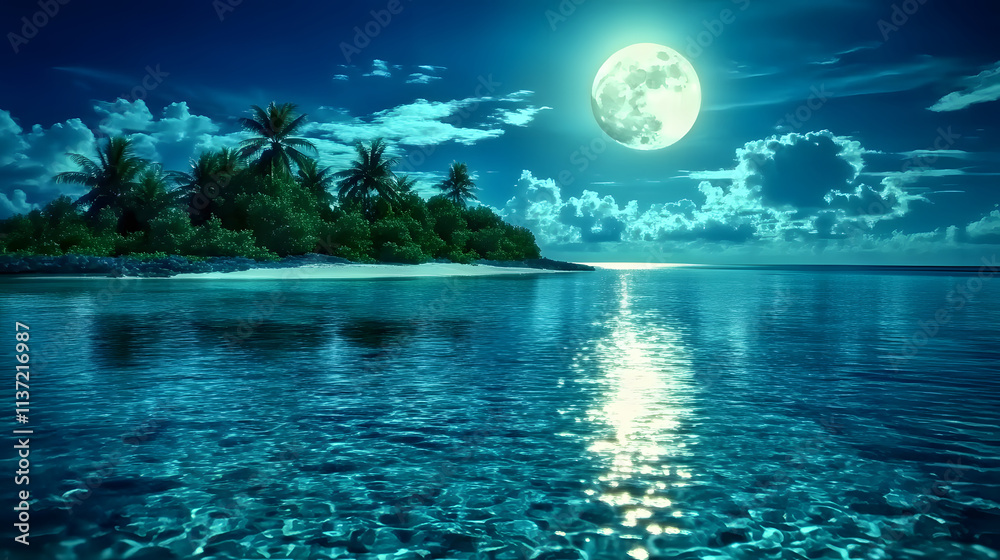 Poster a serene night scene featuring a bright moon reflecting on calm ocean waters, surrounded by lush pal