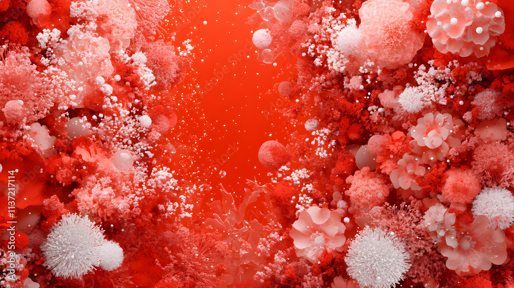 Poster a vibrant abstract image featuring clusters of white and pink bubbles against a red background, evok