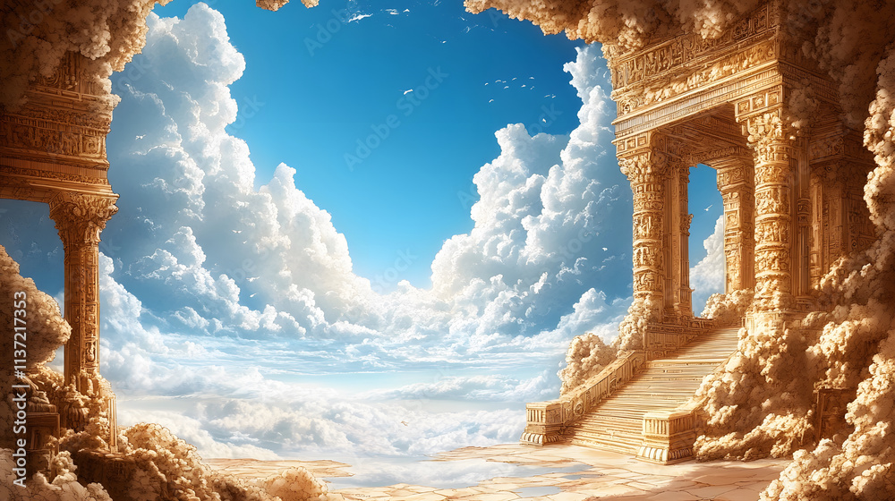 Poster A surreal landscape with ethereal clouds and ornate structures, creating a dreamlike and heavenly atmosphere