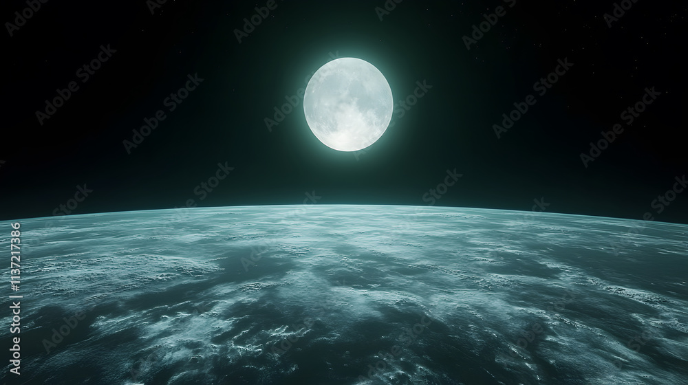 Poster a majestic view of the moon illuminating the dark sky above a serene, cloudy earth, emphasizing the 