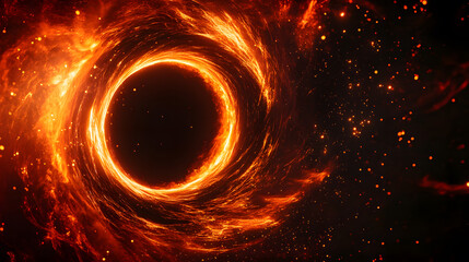 A swirling cosmic scene depicting a black hole surrounded by fiery orange and red energy against a dark starry background