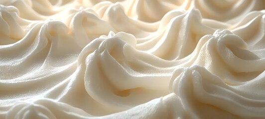 Fototapeta premium Close-up of a textured surface of creamy white frosting, showcasing lush swirls and peaks that evoke a sense of indulgence and sweetness.
