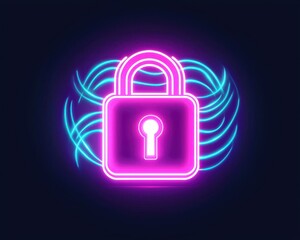 vpn privacy safety lock technology secure  concept. Neon lock icon with swirling blue and pink light effects.