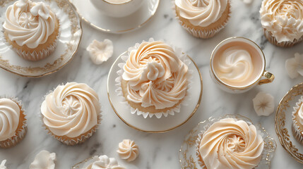 An elegant flat-lay of cupcakes with gold acc