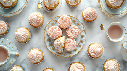 An elegant flat-lay of cupcakes with gold acc