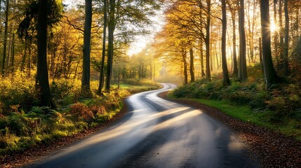 Autumnal Road Winding Through Golden Forest