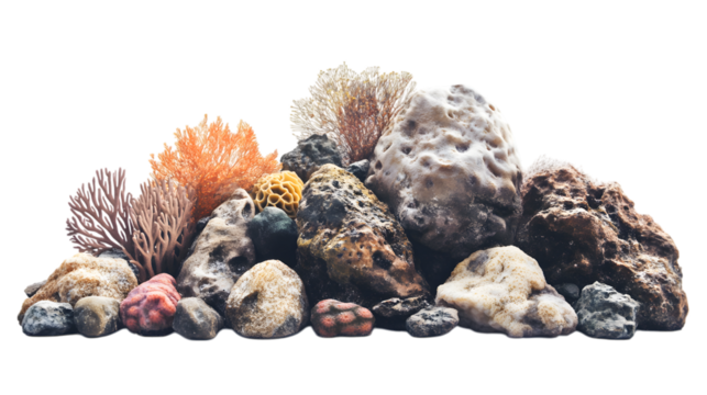 Tropical coral reef on rocks, isolated on a white background suitable for marine life and underwater scenes.