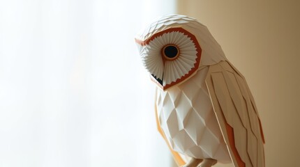 A detailed paper owl sculpture with intricate geometric patterns and soft colors.