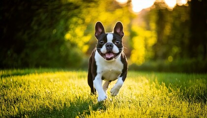 笑顔で芝生の上を駆ける犬