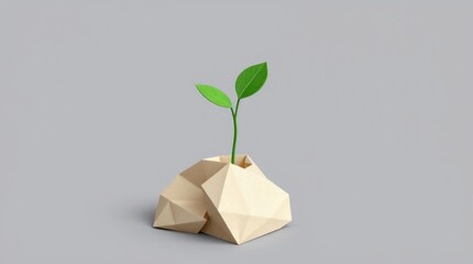 A geometric representation of a plant sprouting from a stone-like structure.
