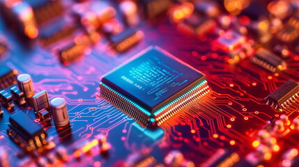 Futuristic Microchip on Neon-Lit Circuit Board for Science and Technology Illustration