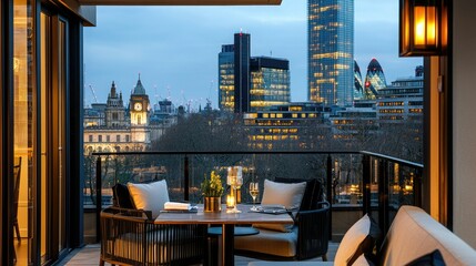 A stylish balcony overlooks a city skyline at dusk, featuring modern architecture and warm lighting, creating a cozy atmosphere.