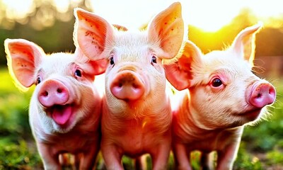 Adorable piglets basking in warm sunlight, showcasing pink skin, floppy ears, and cheerful expressions. Perfect for farm life, livestock, rural scenes, animal welfare, agriculture, and countryside vis - Powered by Adobe