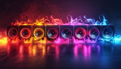 Neon Speakers with Smoke and Fire