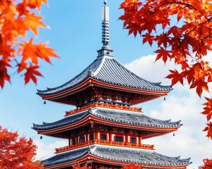 Fototapeta premium A stunning pagoda surrounded by vibrant autumn leaves, set against a clear blue sky, capturing the beauty of traditional architecture and nature.