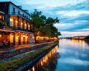 A serene riverside scene at dusk, featuring charming buildings illuminated by warm lights against a tranquil water backdrop.