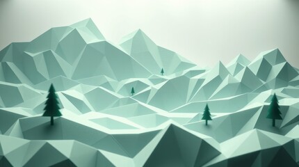 A low-poly landscape featuring stylized mountains and trees in a minimalist design.