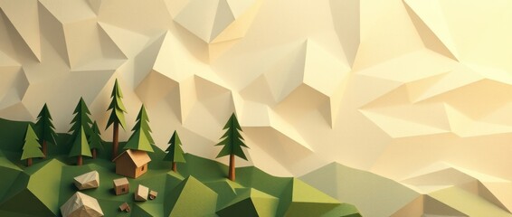 A low-poly landscape featuring a small house, trees, and rocks against a textured backdrop.