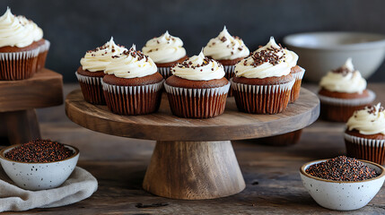 Cupcakes displayed on a rustic cake stand sur