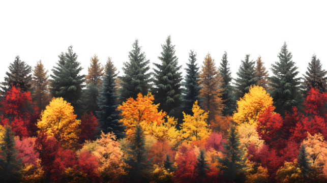 Vibrant autumn forest showcasing colorful foliage, isolated on a transparent background