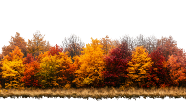 Vibrant autumn forest showcasing colorful foliage, isolated on a transparent background