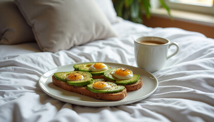 Breakfast with avocado toast and coffee on cozy bed