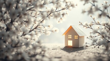 A miniature house surrounded by delicate blossoms, evoking a serene and cozy atmosphere.
